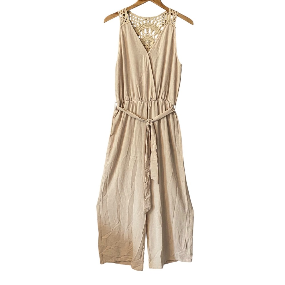 Cupshe Womens Beige Crochet Back V-Neck Wide Leg Boho Jumpsuit  Size Large‎